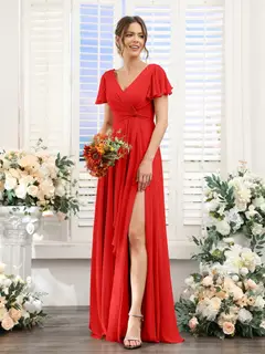 A-Line/Princess V-Neck Short Sleeves Floor-Length Bridesmaid Dresses with Split Side — LV99155765 — view 37