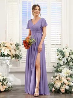 A-Line/Princess V-Neck Short Sleeves Floor-Length Bridesmaid Dresses with Split Side — LV99155765 — view 42