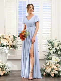 A-Line/Princess V-Neck Short Sleeves Floor-Length Bridesmaid Dresses with Split Side — LV99155765 — view 49