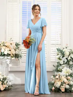 A-Line/Princess V-Neck Short Sleeves Floor-Length Bridesmaid Dresses with Split Side — LV99155765 — view 51