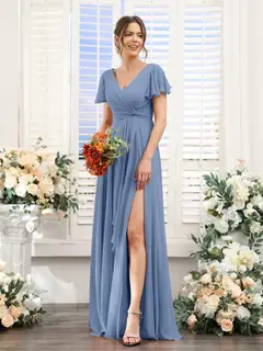 A-Line/Princess V-Neck Short Sleeves Floor-Length Bridesmaid Dresses with Split Side — LV99155765 — view 52
