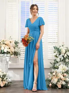 A-Line/Princess V-Neck Short Sleeves Floor-Length Bridesmaid Dresses with Split Side — LV99155765 — view 54