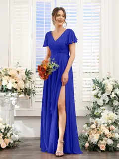 A-Line/Princess V-Neck Short Sleeves Floor-Length Bridesmaid Dresses with Split Side — LV99155765 — view 56