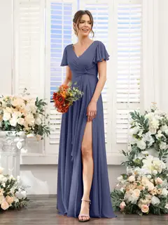 A-Line/Princess V-Neck Short Sleeves Floor-Length Bridesmaid Dresses with Split Side — LV99155765 — view 58