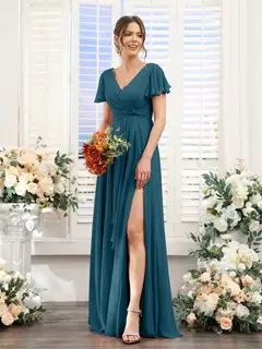 A-Line/Princess V-Neck Short Sleeves Floor-Length Bridesmaid Dresses with Split Side — LV99155765 — view 59