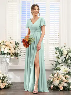A-Line/Princess V-Neck Short Sleeves Floor-Length Bridesmaid Dresses with Split Side — LV99155765 — view 61