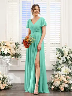A-Line/Princess V-Neck Short Sleeves Floor-Length Bridesmaid Dresses with Split Side — LV99155765 — view 63