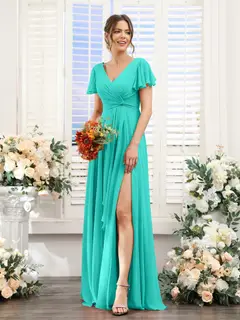A-Line/Princess V-Neck Short Sleeves Floor-Length Bridesmaid Dresses with Split Side — LV99155765 — view 64