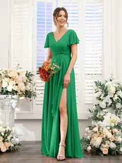 A-Line/Princess V-Neck Short Sleeves Floor-Length Bridesmaid Dresses with Split Side — LV99155765 — view 65
