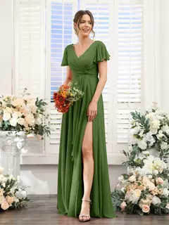 A-Line/Princess V-Neck Short Sleeves Floor-Length Bridesmaid Dresses with Split Side — LV99155765 — view 66