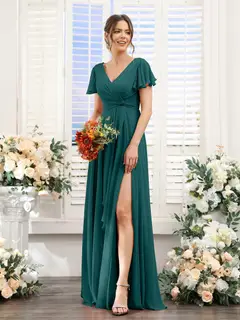 A-Line/Princess V-Neck Short Sleeves Floor-Length Bridesmaid Dresses with Split Side — LV99155765 — view 67