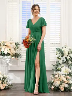 A-Line/Princess V-Neck Short Sleeves Floor-Length Bridesmaid Dresses with Split Side — LV99155765 — view 68
