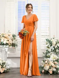 A-Line/Princess V-Neck Short Sleeves Floor-Length Bridesmaid Dresses with Split Side — LV99155765 — view 73