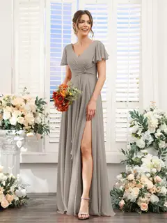 A-Line/Princess V-Neck Short Sleeves Floor-Length Bridesmaid Dresses with Split Side — LV99155765 — view 74