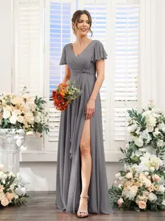 A-Line/Princess V-Neck Short Sleeves Floor-Length Bridesmaid Dresses with Split Side — LV99155765 — view 75