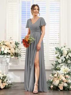 A-Line/Princess V-Neck Short Sleeves Floor-Length Bridesmaid Dresses with Split Side — LV99155765 — view 76