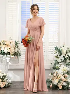 A-Line/Princess V-Neck Short Sleeves Floor-Length Bridesmaid Dresses with Split Side — LV99155765 — view 78