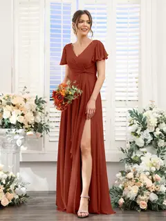 A-Line/Princess V-Neck Short Sleeves Floor-Length Bridesmaid Dresses with Split Side — LV99155765 — view 79