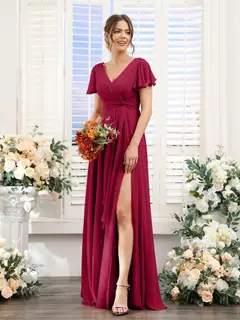 A-Line/Princess V-Neck Short Sleeves Floor-Length Bridesmaid Dresses with Split Side — LV99155765 — view 81