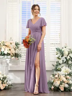 A-Line/Princess V-Neck Short Sleeves Floor-Length Bridesmaid Dresses with Split Side — LV99155765 — view 82