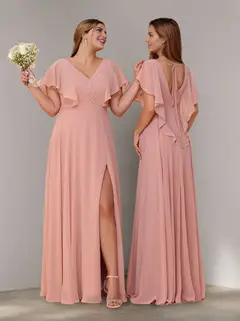 A-Line/Princess V-Neck Short Sleeves Chiffon Floor-Length Bridesmaid Dresses with Split Side & Ruched — view 1