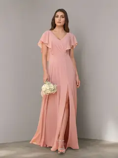 A-Line/Princess V-Neck Short Sleeves Chiffon Floor-Length Bridesmaid Dresses with Split Side & Ruched — view 2