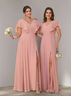 A-Line/Princess V-Neck Short Sleeves Chiffon Floor-Length Bridesmaid Dresses with Split Side & Ruched — view 4