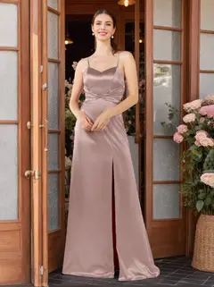 A-Line/Princess Spaghetti Straps Sleeveless Floor-Length Bridesmaid Dresses with Split Side & Ruffles — view 1