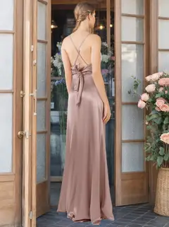 A-Line/Princess Spaghetti Straps Sleeveless Floor-Length Bridesmaid Dresses with Split Side & Ruffles — view 2