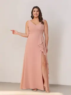 A-Line/Princess V-Neck Sleeveless Floor-Length Chiffon Plus Size Bridesmaid Dresses with Ruffles & Split Side — view 1