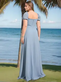 A-Line/Princess Square Neck Short Sleeves Chiffon Plus Size Bridesmaid Dresses with Ruffles & Split Side — view 2