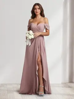 A-Line/Princess Off-the-Shoulder Floor-Length Ruched Bridesmaid Dresses With Ruffles & Split Side — view 1