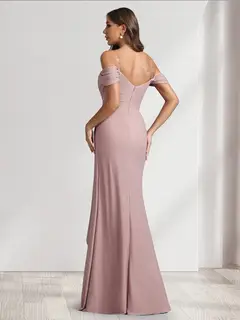 A-Line/Princess Off-the-Shoulder Floor-Length Ruched Bridesmaid Dresses With Ruffles & Split Side — view 2