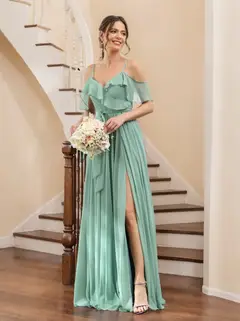 A-Line/Princess V-Neck Spaghetti Straps Floor-Length Bridesmaid Dresses with Pockets — view 1