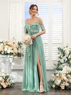 A-Line/Princess V-Neck Spaghetti Straps Floor-Length Bridesmaid Dresses with Pockets — view 3