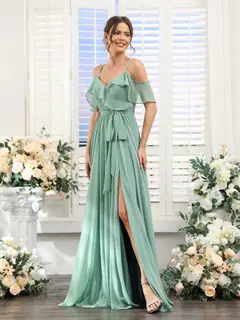 A-Line/Princess V-Neck Spaghetti Straps Floor-Length Bridesmaid Dresses with Pockets — view 4
