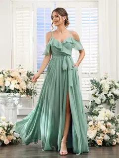 A-Line/Princess V-Neck Spaghetti Straps Floor-Length Bridesmaid Dresses with Pockets — view 5