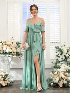 A-Line/Princess V-Neck Spaghetti Straps Floor-Length Bridesmaid Dresses with Pockets — view 6