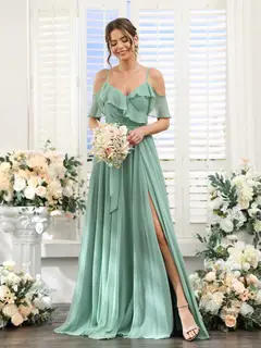 A-Line/Princess V-Neck Spaghetti Straps Floor-Length Bridesmaid Dresses with Pockets — view 7