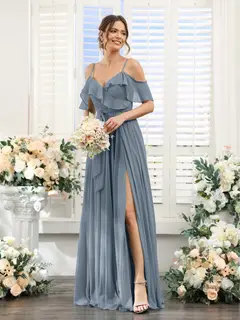 A-Line/Princess V-Neck Spaghetti Straps Floor-Length Bridesmaid Dresses with Pockets — view 9