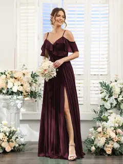 A-Line/Princess V-Neck Spaghetti Straps Floor-Length Bridesmaid Dresses with Pockets — view 13