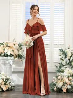 A-Line/Princess V-Neck Spaghetti Straps Floor-Length Bridesmaid Dresses with Pockets — view 14