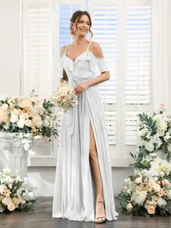 A-Line/Princess V-Neck Spaghetti Straps Floor-Length Bridesmaid Dresses with Pockets — view 21