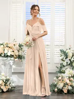 A-Line/Princess V-Neck Spaghetti Straps Floor-Length Bridesmaid Dresses with Pockets — view 24