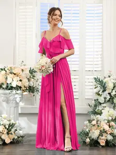 A-Line/Princess V-Neck Spaghetti Straps Floor-Length Bridesmaid Dresses with Pockets — view 34