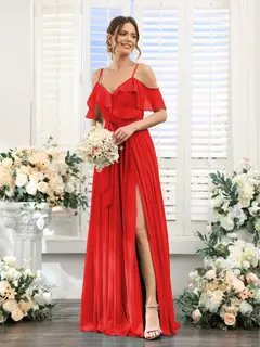 A-Line/Princess V-Neck Spaghetti Straps Floor-Length Bridesmaid Dresses with Pockets — view 37
