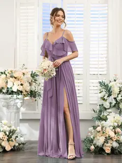 A-Line/Princess V-Neck Spaghetti Straps Floor-Length Bridesmaid Dresses with Pockets — view 41