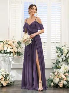 A-Line/Princess V-Neck Spaghetti Straps Floor-Length Bridesmaid Dresses with Pockets — view 46