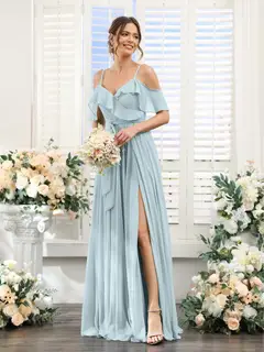 A-Line/Princess V-Neck Spaghetti Straps Floor-Length Bridesmaid Dresses with Pockets — view 48