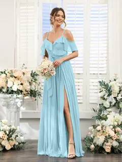 A-Line/Princess V-Neck Spaghetti Straps Floor-Length Bridesmaid Dresses with Pockets — view 50